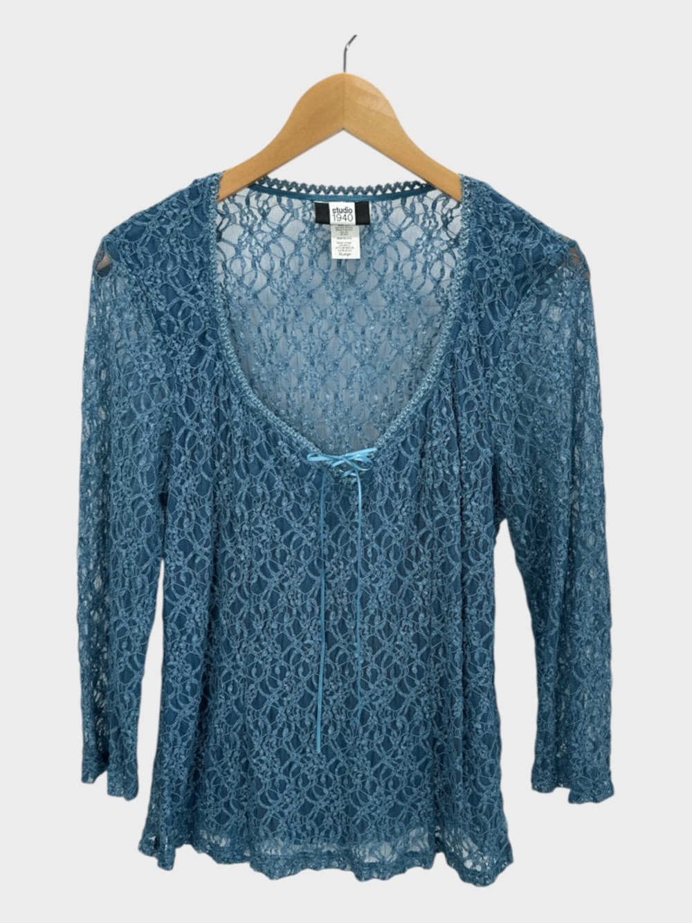 Studio 1940 Sheer Lace Ribbon Tie Top Blue Vintage Y2K Whimsigoth Fairy Grunge